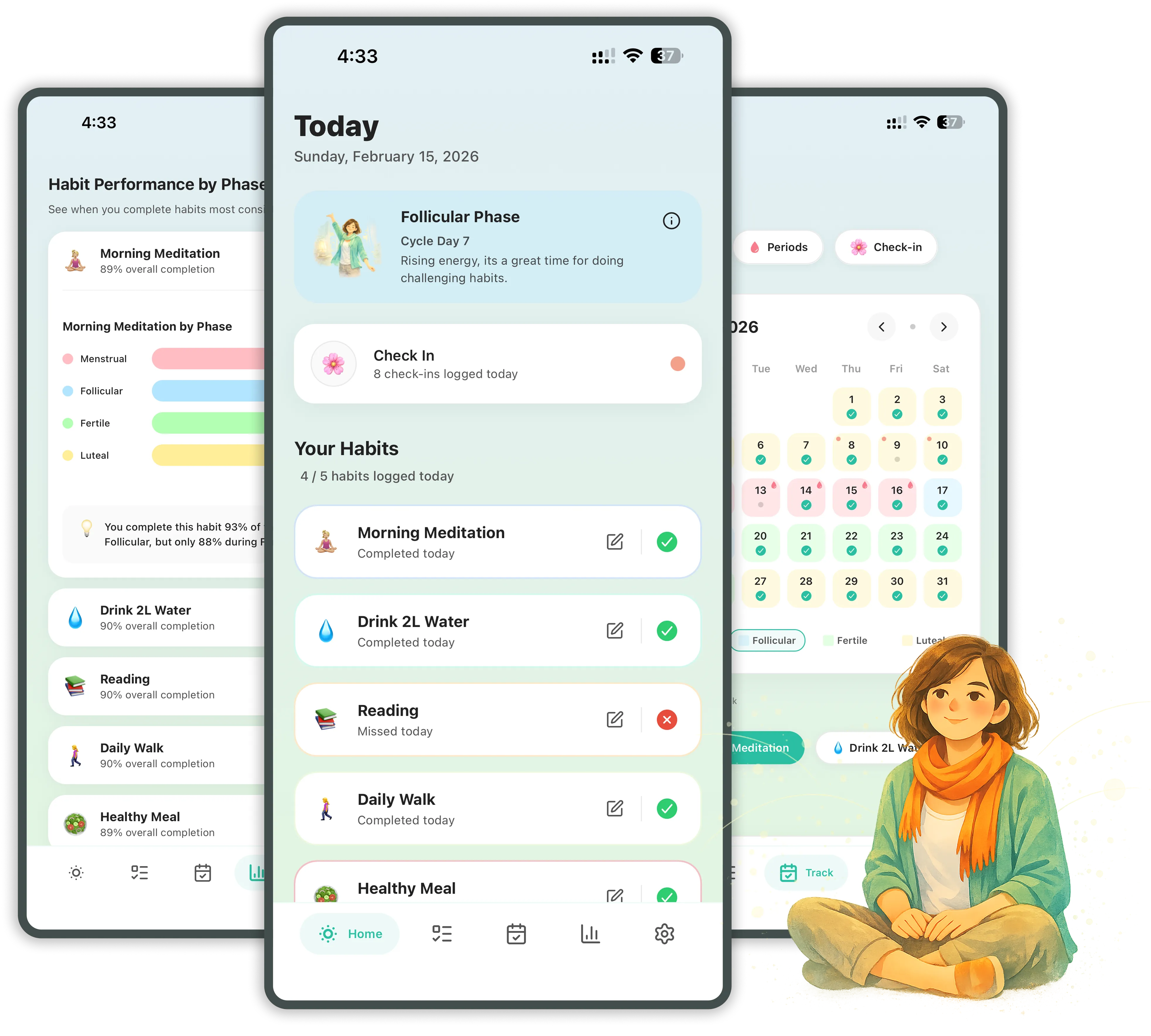HerHabits app screenshots showing habit tracking, daily view, and calendar